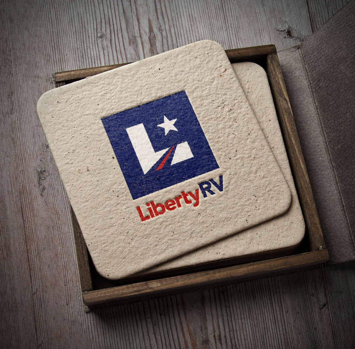 Liberty RV Logo Design printed on a coaster